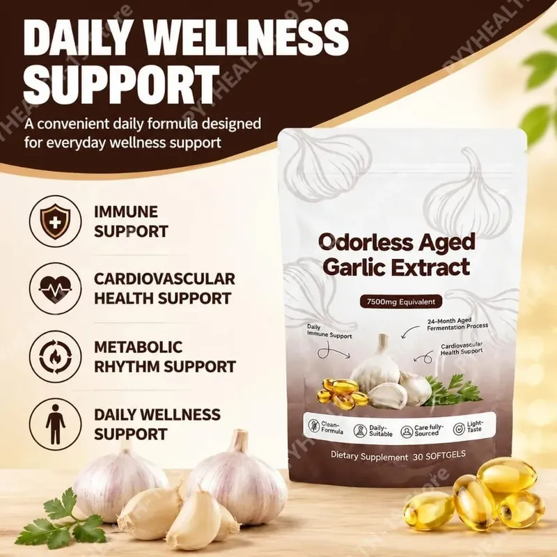 Odorless Aged Garlic Extract Softgels 7500mg Equivalent 24-Month Fermented For Immune Cardio Metabolic Support Adult 30 Count