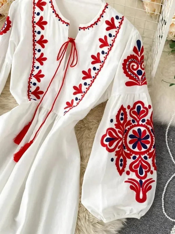 Women Autumn Dresses Bohemian Embroidered Flower O-Neck Lantern Sleeve High Waist Pleated Dress All-match Female Vestidos PL393 — image 5