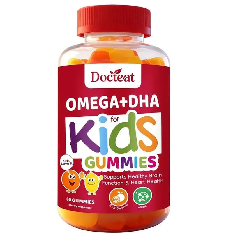حلوى Docteat Omega+DHA للأطفال مع DHA من الطحالب وفيتامين C وزيت الشيا أوميجا 3 6 9 لدعم الدماغ والرؤية 60 علكة