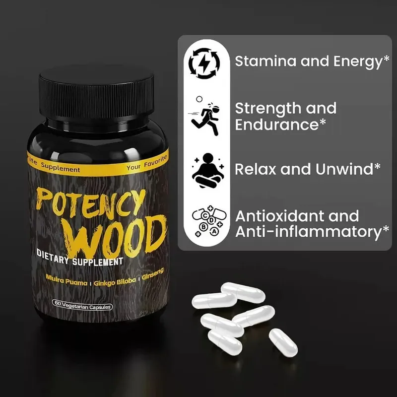Potency Wood Herbal Supplements with Ginseng Ashwagandha 60 Capsules Adaptogen Energy Stamina Immune Αντιοξειδωτικά Υγεία του εντέρου