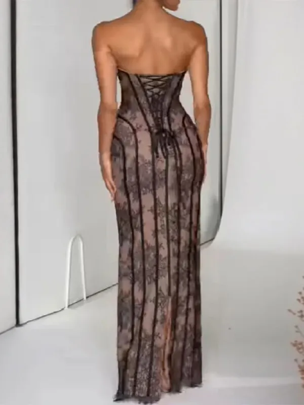 Elegáns, elegáns gézből készült halcsontparti ruha váll nélküli, pánt nélküli maxi ruha női csipkeformázó derék Vestidos 2026 estélyi ruhák