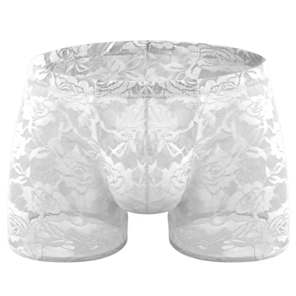 Men See Through Lace Boxer Shorts Bulge Pouch Low Waist Underwear Solid Panties Elastic Waist Breathable Transparent Underwear — image 2