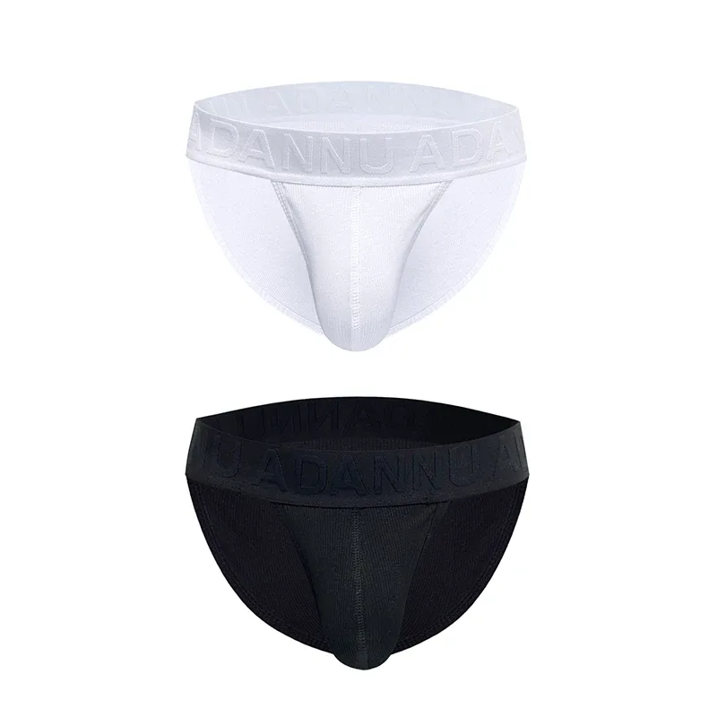 Men's Cotton Ribbed Skin-Friendly Bare Feel Convex Pouch Briefs, Embossed Letter Wide Waistband Slim Fit Underwear