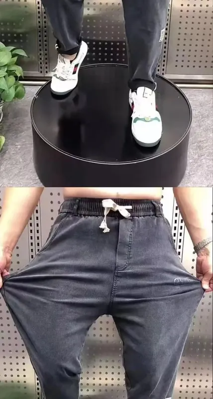 Harajuku Stretch Korea Streetwear רופף ג'ינס ג'ינס מוצק מותן אלסטי לגברים אביב קיץ חדש פלוס מידה 7XL 8XL מכנסיים מזדמנים