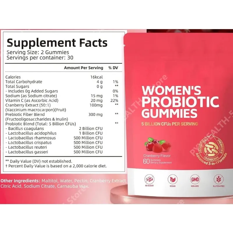 Women Probiotic Gummies with Prebiotic Fiber 5 Billion CFU Support Gut Digestive Balance Immune Defense Women PH Wellness 60 Ct