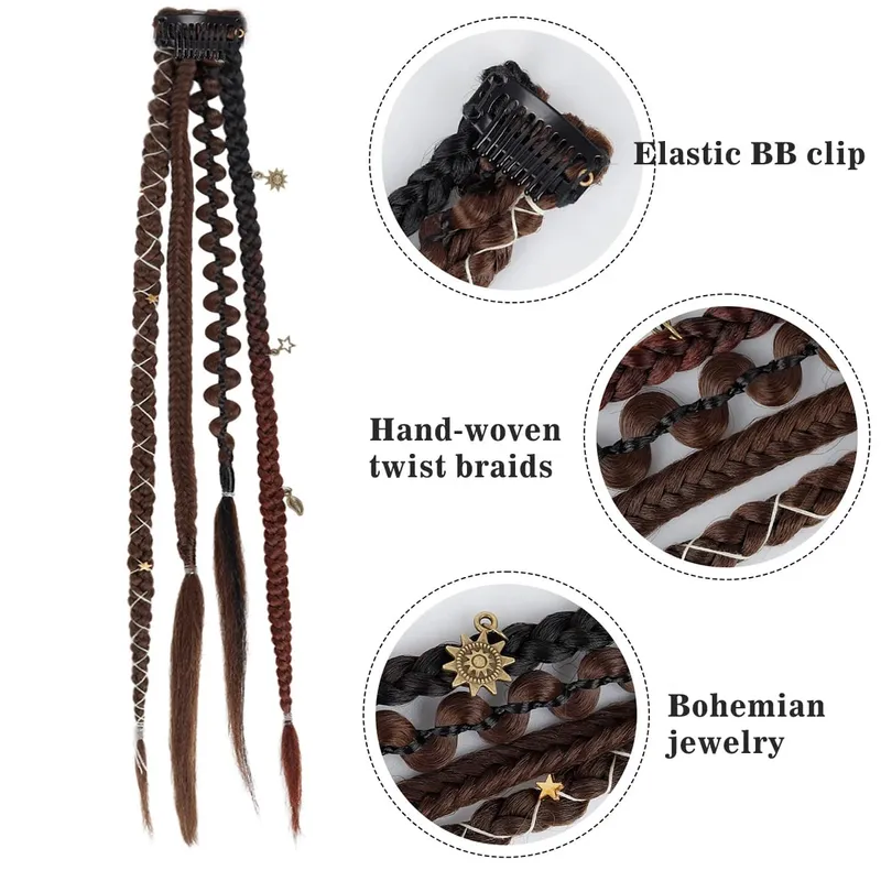 Boho Ombre Μπορντό πλεκτό Extensions Ponytail Hair Extensions Συνθετικές πλεξούδες με Bohemian Viking Hair Pieces for Women Carnival Party — image 3