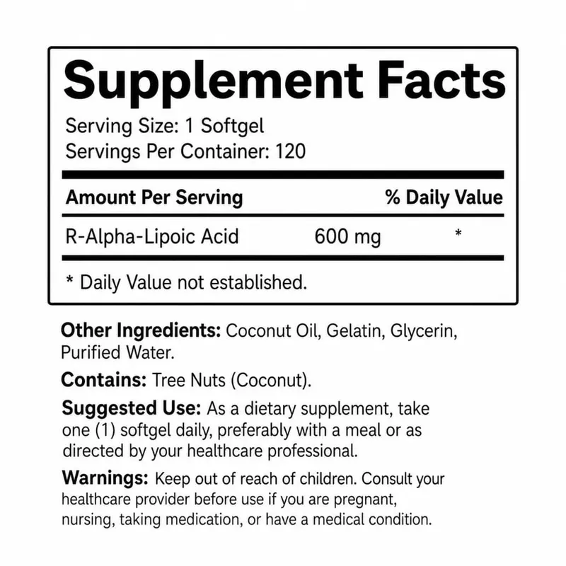 Μαλακές γέλη R-Alpha Lipoic Acid 600 mg ανά μερίδα 120 Αριθμός Φτιαγμένο με λάδι καρύδας Βολική καθημερινή διατροφική υποστήριξη ευεξίας — image 4