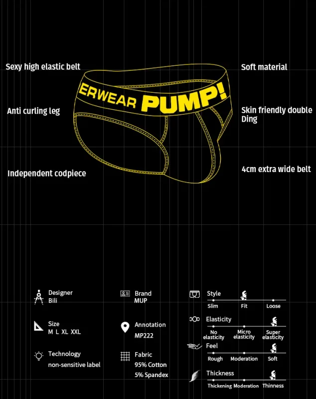 Men's Cotton Color Block Briefs, Pump! Logo Wide Waistband Low Rise Sexy 3D Convex Pouch Underwear — image 9