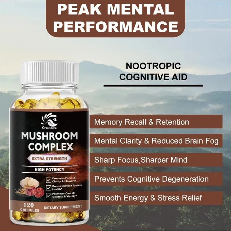 Lion Mane Cordyceps Mushroom Complex Supplement for Nootropic Brain Memory & Focus Immune & Stress Relief