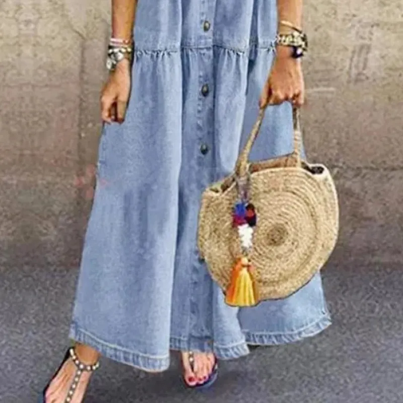 שמלות נשים רטרו 2022 שרוול קצר הפוך כיסי צווארון כפתור ארוך שמלת ג'ינס רפויה קיץ שמלה ארוכה — image 6