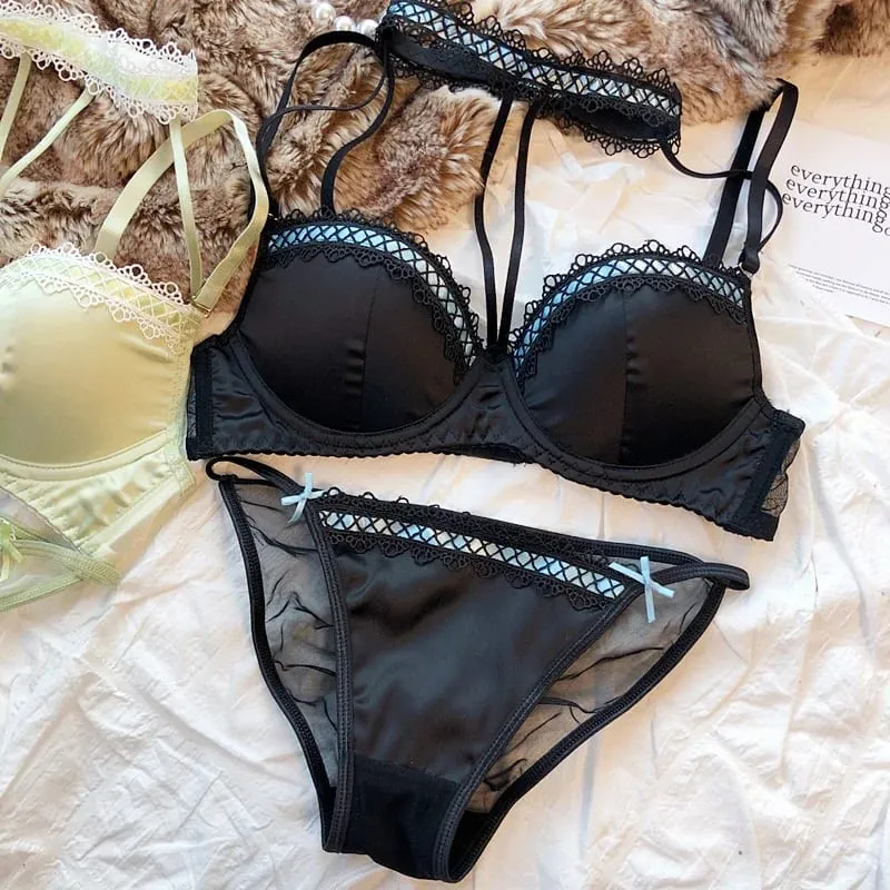 לוליטה צרפתי Pure Desire סקסית תחרה סאטן ספייס גירל חזיית חזה קטן התכנסות הלטר תחתונים חלולים סט תחתונים רכים