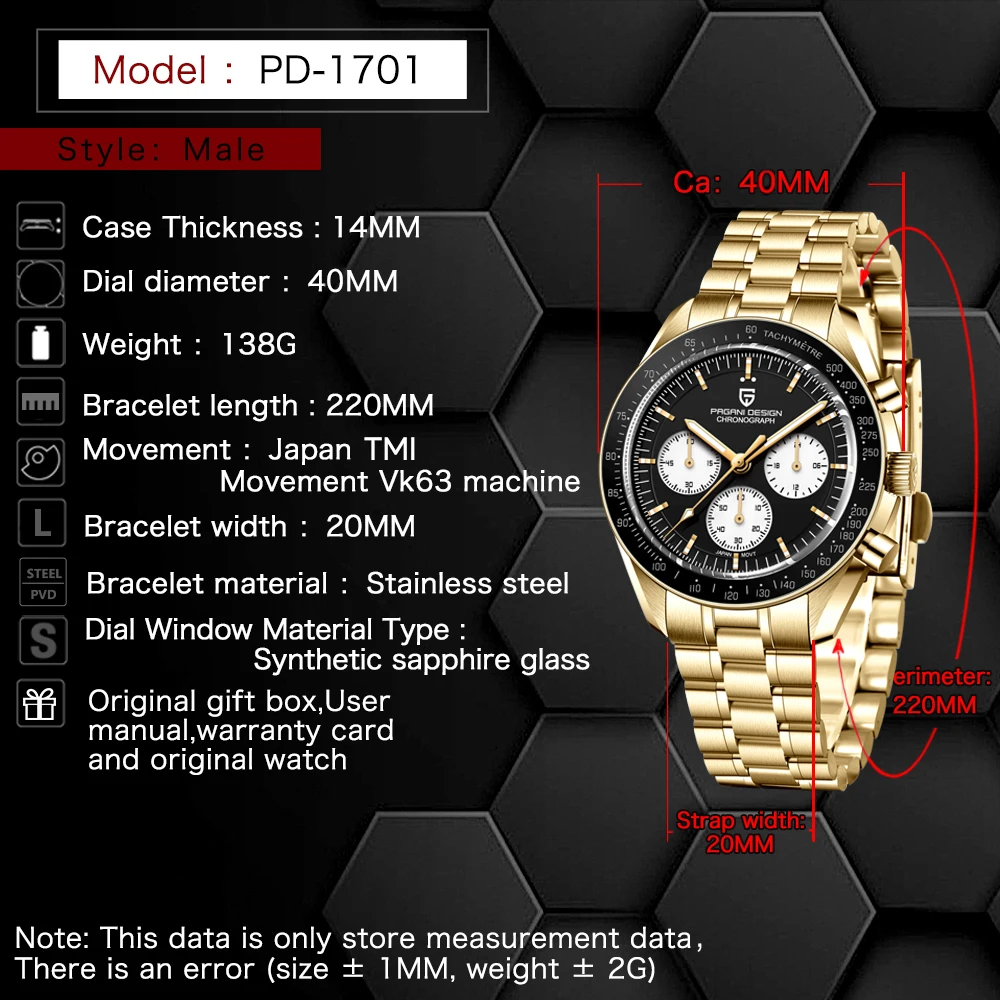 New Classic Men Watch PAGANI DESIGN Golden Green Luxury Quartz Watch For Men Automatic Date Speed Sport Chronograph AR Sapphire Crystal Wristwatch Men Local Shipping — image 7