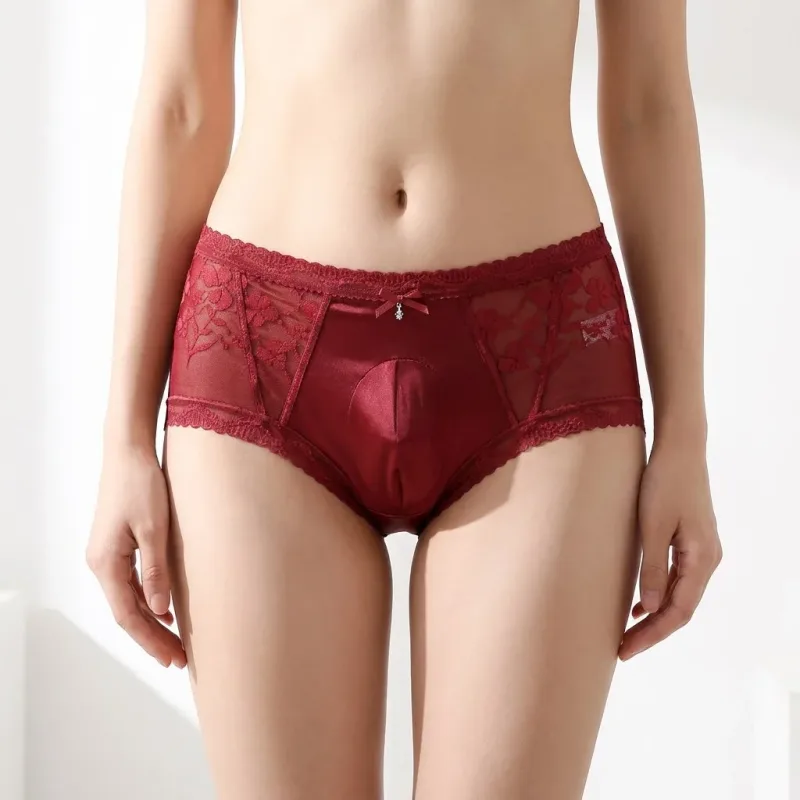 2 Pack Mens Mid Rise Satin Lace Briefs 3D Pouch Rhinestone Bow High Elastic Scalloped Trim Smooth