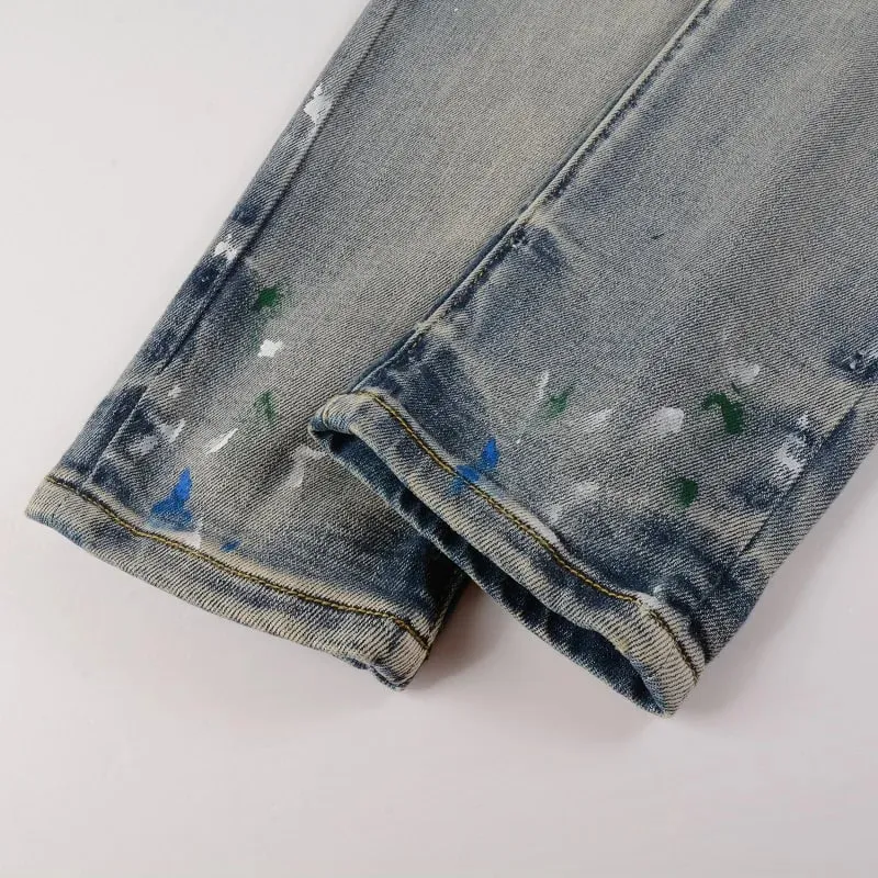 גברים צבועים בגזרת ג'ינס אופנוען ג'ינס Streetwear חורים פצועים טלאים קרעים מכנסיים במצוקה מכנסיים סקיני מחודדים
