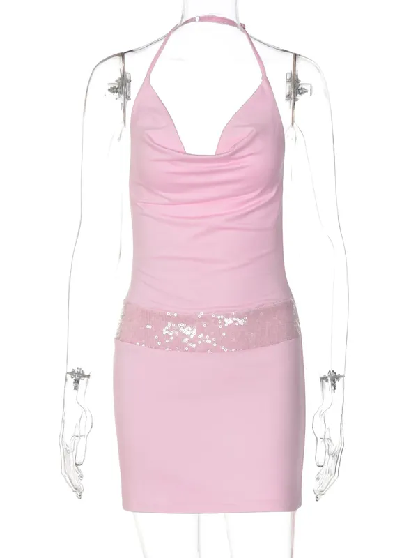 Dulzura צווארון מתנדנד נצנצים ללא משענת Slim Fit Halter שמלת מיני שמלת נשים סקסית קז'ואל שמלת מסיבת חופשה חוף קיץ תלבושת — image 6