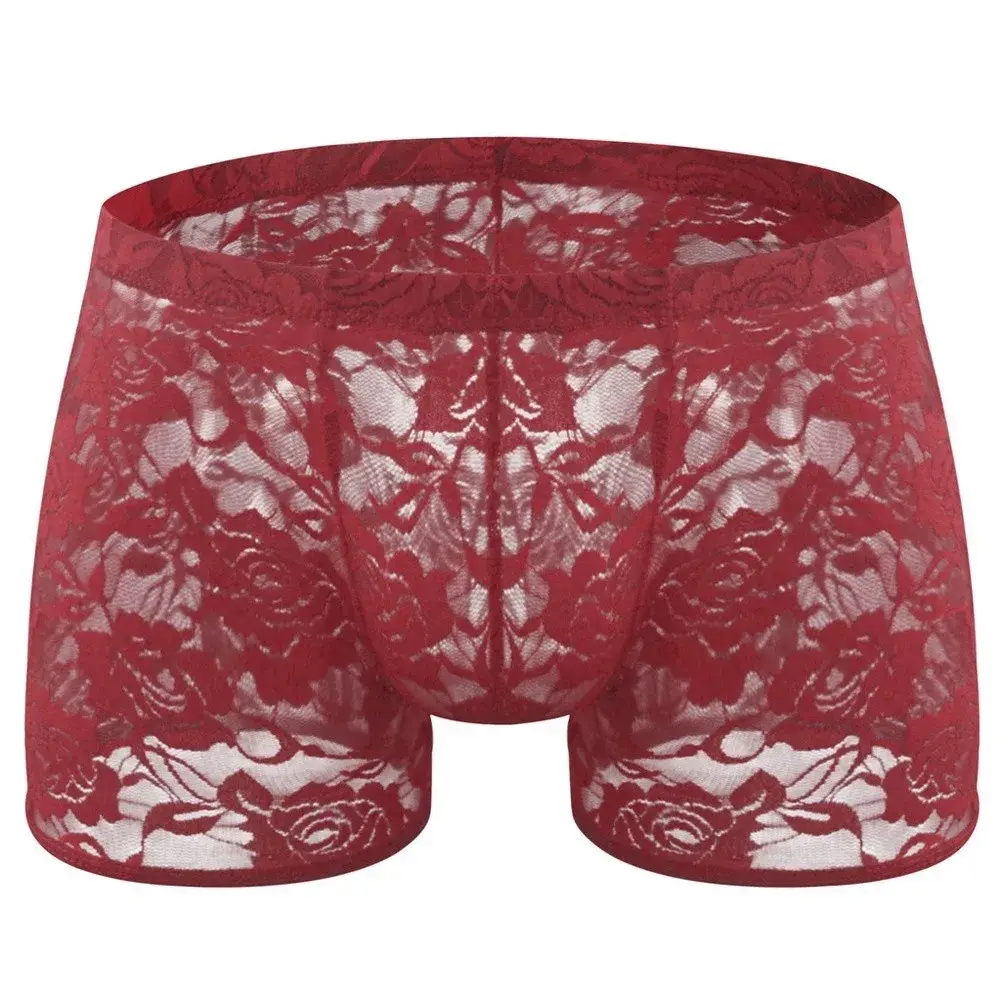 Men See Through Lace Boxer Shorts Bulge Pouch Low Waist Underwear Solid Panties Elastic Waist Breathable Transparent Underwear — image 8