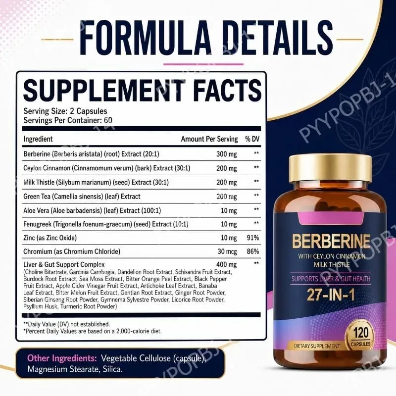 27 in 1 Berberine Supplement with Ceylon Cinnamon Milk Thistle for Liver Gut Health Immunity Men & Women 120 Vegan Capsules