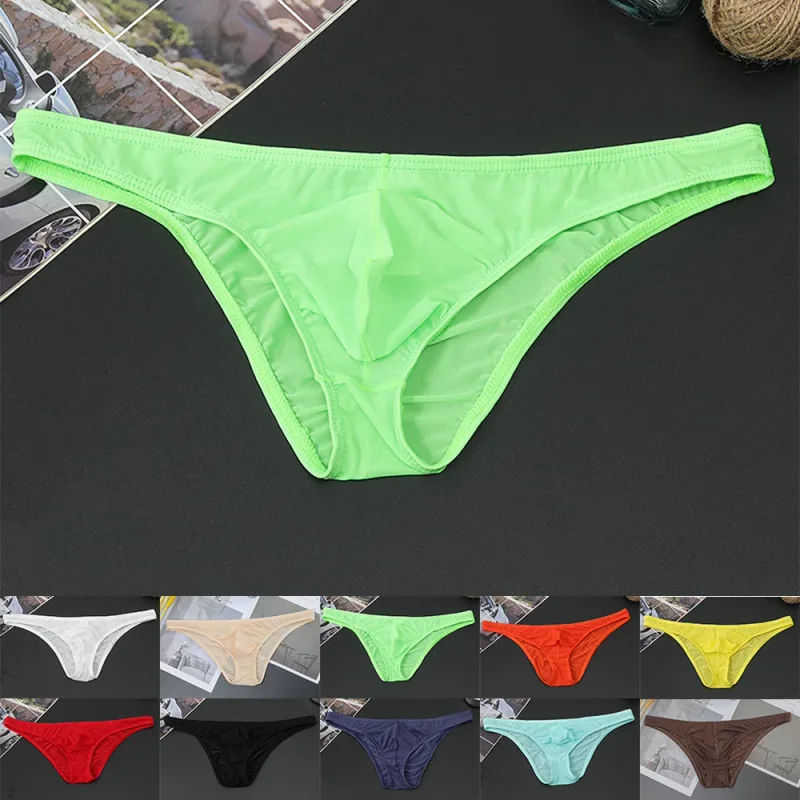 Mens Sexy Low-Waist Briefs Shorts See Through Pouch Underwear Ice Silk Underpant Bikinis Ultra Thin Panties Solid Comf Lingerie