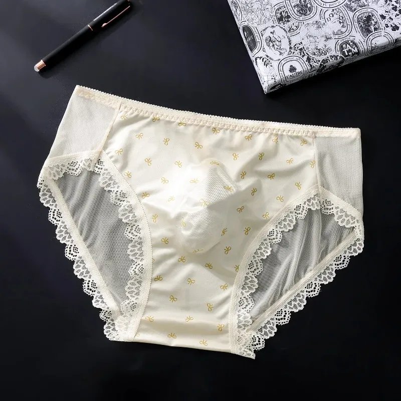 Large Size Mens Sissy Satin Panties Sexy Scalloped Lace Sheer Briefs Glossy Lingerie Mid Rise Lace Bow U Convex Pouch Underpant — image 1