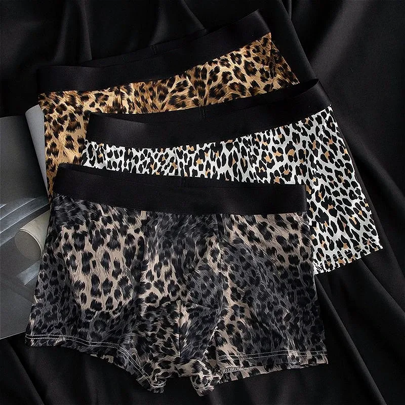 Męskie spodenki z lodowego jedwabiu wypukła etui płaskie bokserki Leopard szybkoschnące męskie kalesony bezszwowe oddychające kąpielówki