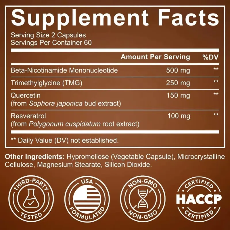 NMN Capsules 1000mg Beta Nicotinamide Mononucleotide TMG Quercetin Resveratrol NAD+ מטבוליזם מיטוכונדריאלי תפקוד 120 ספירה