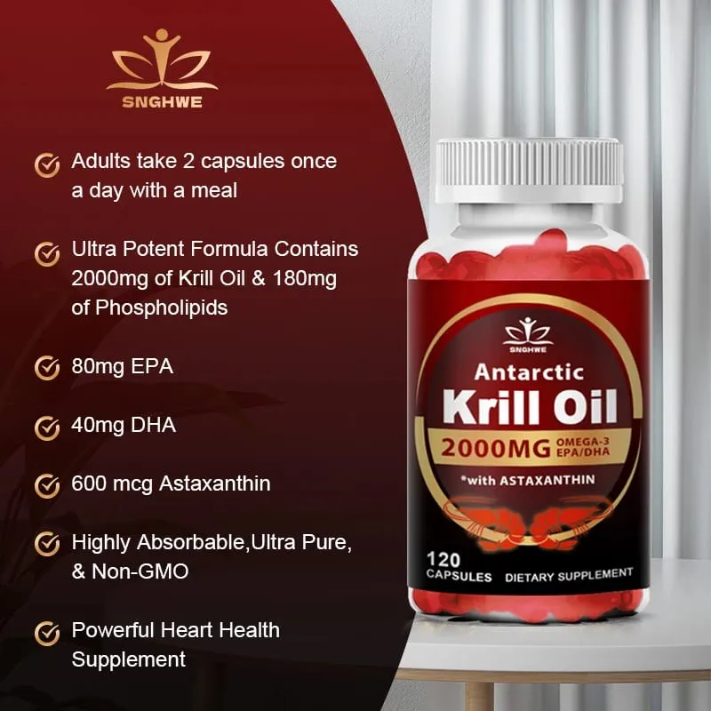 Antarctic Krill Oil-2000mg Per Serving-with Omega-3s EPA DHA & Astaxanthin-Supports Healthy Joints Brain Heart& Blood Pressure