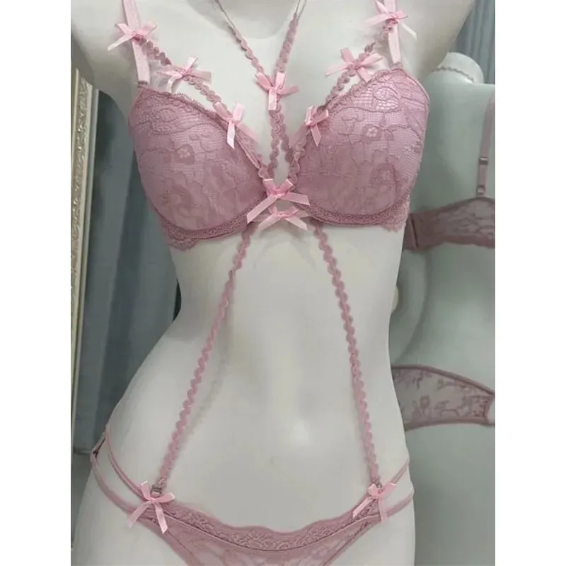 Σετ σουτιέν με δαντέλα αισθητικής - Hollow Out Halter Top με Φιόγκο Εσωτερικό κόκκινο Lace Up Σουτιέν Γυναικεία ασορτί εσώρουχα δύο τεμαχίων AB