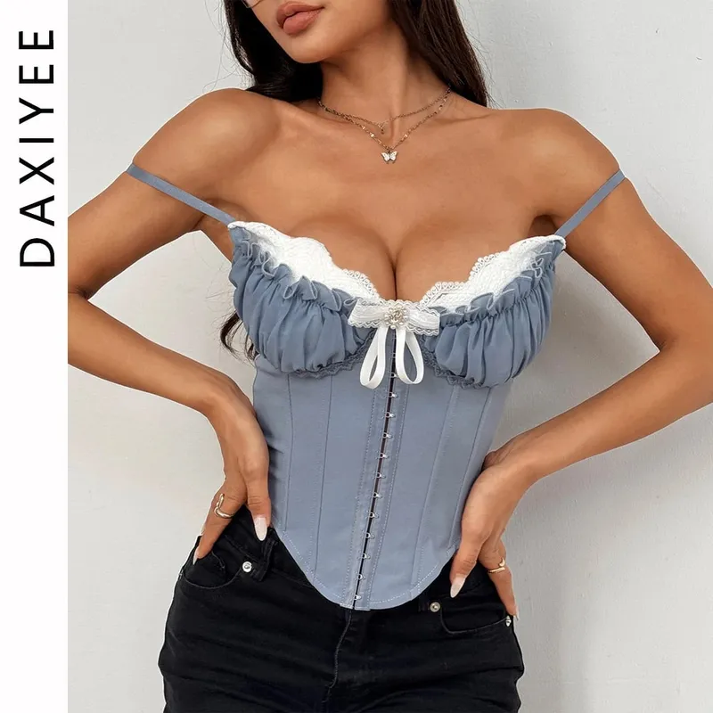 Szexi V nyakú, Y2K Crop felsők Csipke patchwork, redőzött, masnis fűző felső Szexi hát nélküli, karcsú camisole testforma halcsont mellszobor