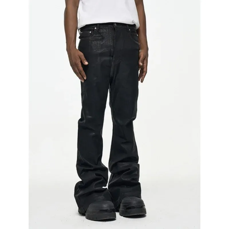 2026 High Street Coated Brushed Micro-flared Floor-length Jeans for Men Retro Street Wear Loose Micro-elastic Waxed Pants — image 2