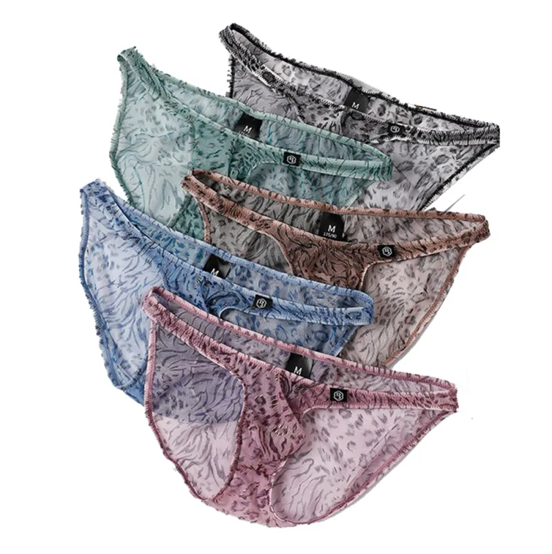 Men Leopard Printed Mesh Underwear Ice Silk Thin Breathable Low Waist Quick Dry Cool Summer Mens Briefs Panties