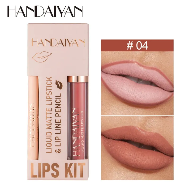 Pambabaeng 2-in-1 Lipstick Set na may Lip Liner Waterproof Long-lasting Korean Makeup Matte Finish Cosmetics Kit Libreng Pagpapadala