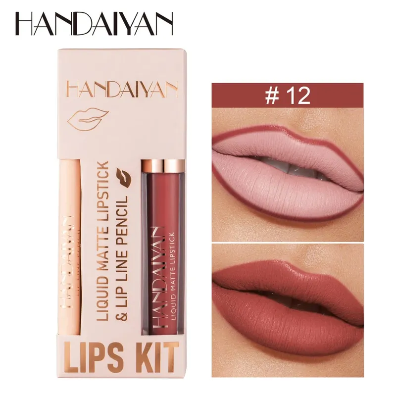 Pambabaeng 2-in-1 Lipstick Set na may Lip Liner Waterproof Long-lasting Korean Makeup Matte Finish Cosmetics Kit Libreng Pagpapadala