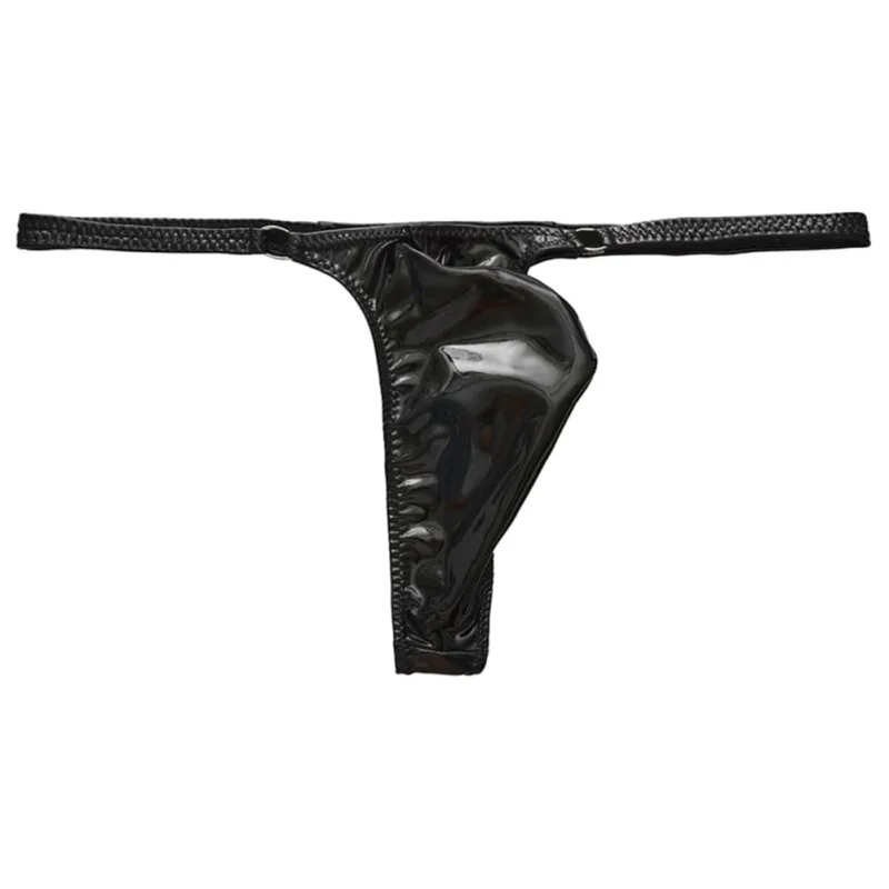 1pc Men Shiny Leather Waist With Metal Ring G-strings Thongs Gay Bulge Pouch Low Waist Stretchy Underwear Butt-Exposing Sexy