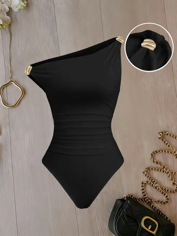Női egy vállú, rovátkolt Body Fém részletek Egyszínű, ujjatlan body — image 8