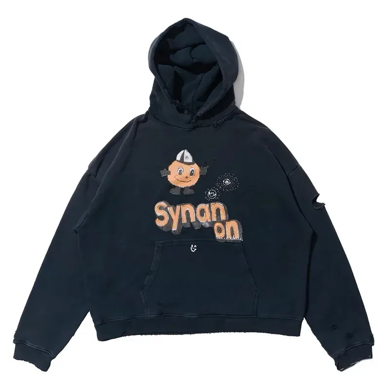 Nouveau surdimensionné PALY sweat à capuche pour homme femme lavé noir endommagé meilleure qualité décontracté Vintage Cardigan Zip sweats — image 32