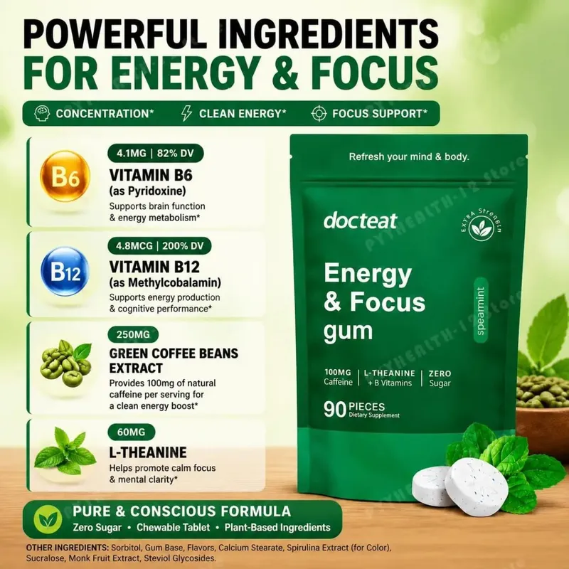 Docteat Energy & Focus Gum Chewable Tablets Zero Sugar with Green Coffee Extract L-Theanine Vitamin B6+B12 90 Chewable Tablets