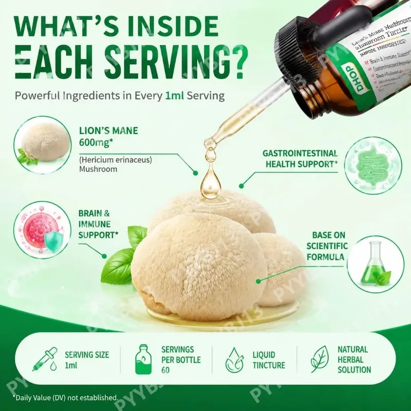 Lion's Mane Mushroom Extract Drops 60ml Hericium Erinaceus Supports Brain Immune Health Vegan Liquid Συμπλήρωμα για Ενήλικες