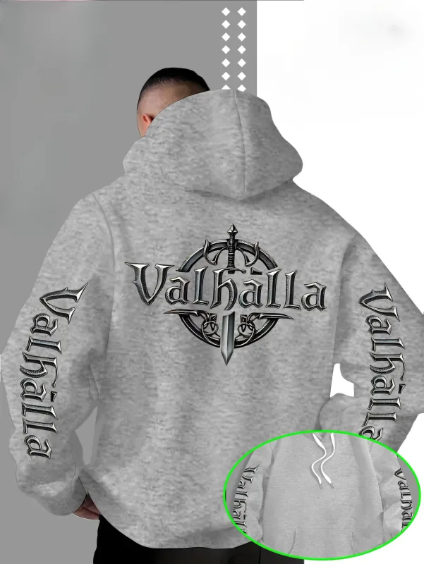 Moletom com capuz estampado com logotipo em forma de espada Viking Valhalla estilo rua para homens, adequado para outono e inverno. — image 3