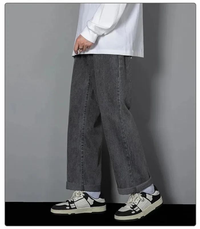 Koreai szolid színű férfi alkalmi hosszú farmernadrág klasszikus férfi Four Seasons egyenes farmer széles szárú nadrág világoskék szürke fekete 3XL