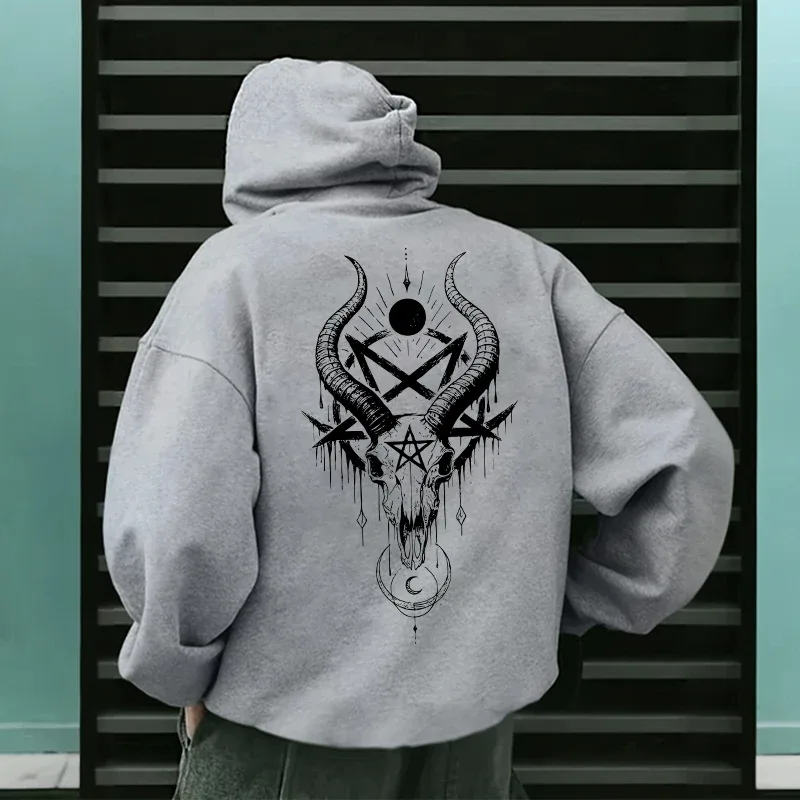 Musim Gugur Musim Sejuk Lelaki Topi Pullover Kasual 666 & Salib Terbalik Hoodies Gothic Lelaki Bercetak Seram Setan Baju Jalanan — image 3