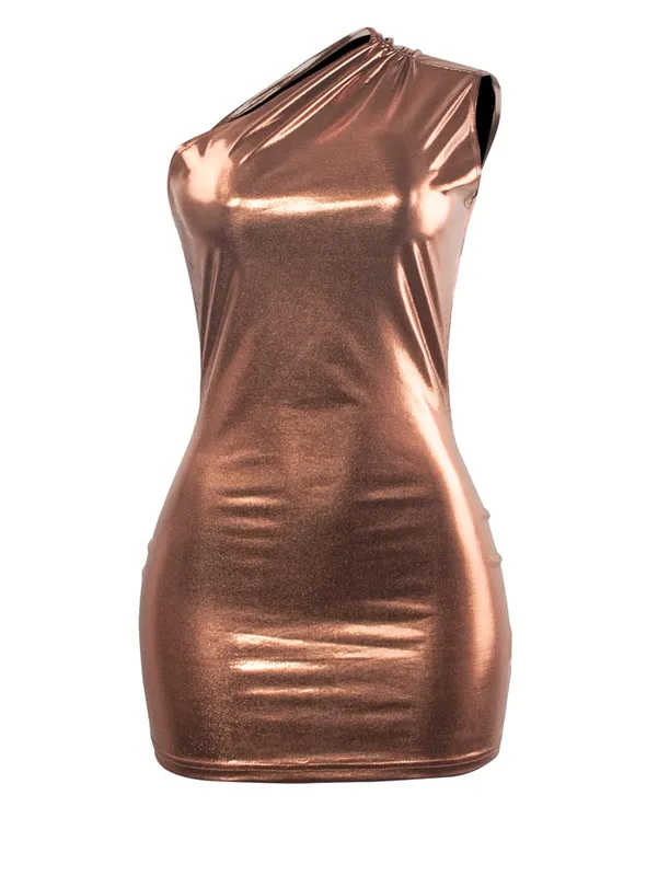 שמלות Bodycon סקסיות לנשים מוצק לא סדיר סקיני מיני Y2K מתכתי מוזהב שמלת מיני קצרה — image 9