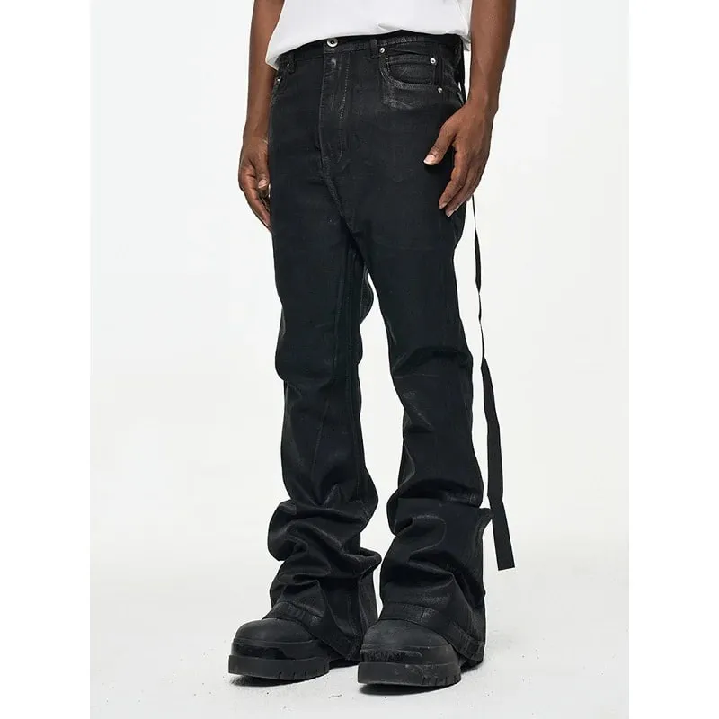 2026 High Street Coated Brushed Micro-flared Floor-length Jeans for Men Retro Street Wear Loose Micro-elastic Waxed Pants — image 3