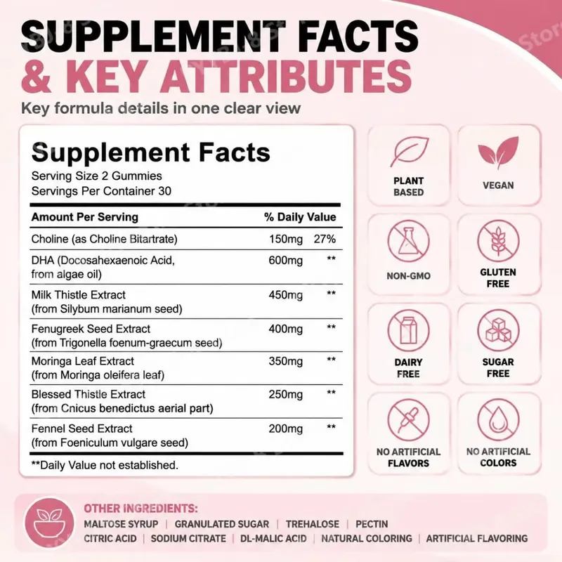 Googeer Lactation Support Gummies with DHA and Choline Fenugreek and Fennel Extract Moringa for Postnatal Nutrition 60 Gummies