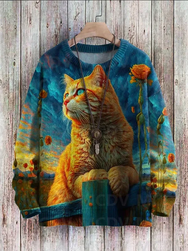 Niedlicher schwarzer Katzen-Blumen-Vögel-Kunstmuster-Druck, lässiger Strickpullover, klassischer Pullover für Herren und Damen