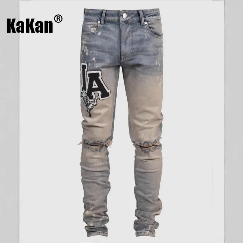 Kakan – új férfi kék, karcsúsított patch farmer Y2k nyomtatott design hosszú farmer farmer férfi márka — image 3