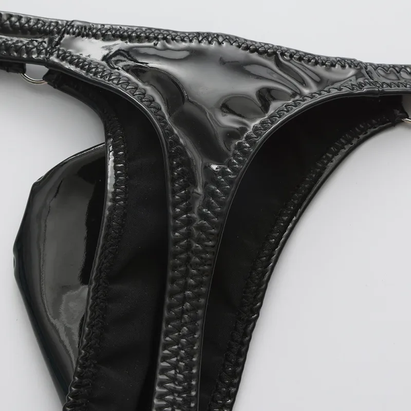 1pc Men Shiny Leather Waist With Metal Ring G-strings Thongs Gay Bulge Pouch Low Waist Stretchy Underwear Butt-Exposing Sexy