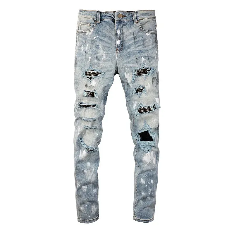 Kék High Street Lyukak átlátszó kristályok Patchwork Stretch karcsúsított strasszok foltok Szomorú szakadt graffiti farmerek Férfi — image 3