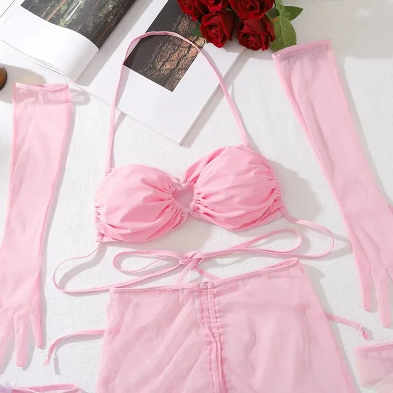 Εσώρουχα Ultra Sexy Halter σουτιέν Κορδόνι με πλισέ, ελκυστικές ζαρτιέρες Ρομαντικά γάντια κάλτσας με κομμένη πεταλούδα