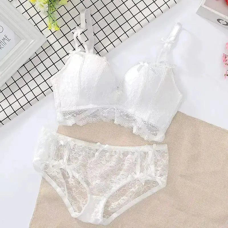 Bagong Sweet Seamless Lace Push Up Lingerie Para sa mga Babae Maliit na Breast Gathering Non-steel Ring Adjustable Bra Set