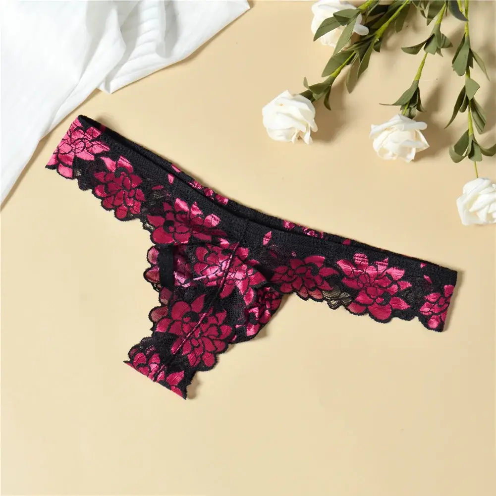 Men Floral Lace Thong Low Rise Elastic Waist G‑String Breathable See‑Through Floral Print Male Underwear Sexy Lingerie Panties